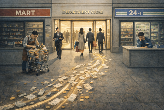 지난해 4분기 외국인 관광객 증가 등으로 백화점 매출이 늘어난 가운데 대형마트와 편의점 업계는 매출 부진을 겪었다. 챗GPT가 그린 일러스트.
