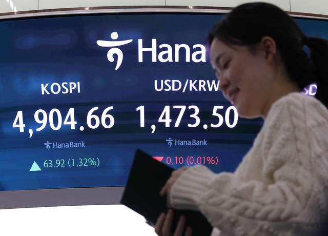 코스피가 전장보다 63.92p(1.32%) 오른 4904.66으로 마감한 19일 서울 중구 하나은행 딜링룸에서 딜러가 업무를 보고 있다. [연합뉴스]
