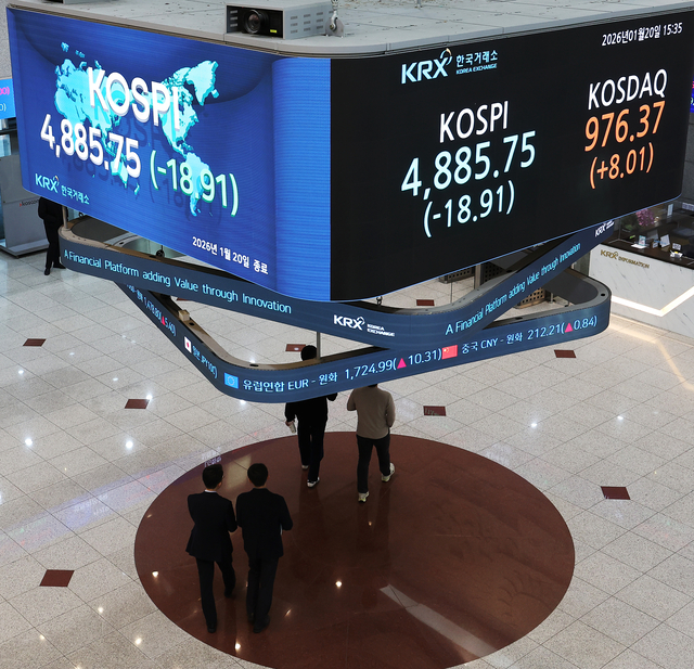 코스피가 내림세로 돌아선 20일 서울 영등포구 한국거래소 홍보관 현황판에 코스피와 코스닥 지수가 표시돼 있다. 이날 코스피는 전장보다 18.91포인트(0.39%) 내린 4885.75에 장을 마쳤다. 새해 들어 하루도 빠짐없이 상승하던 코스피는 13거래일 만에 하락세로 돌아섰다. [연합뉴스]
