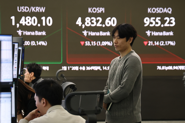 코스피가 하락 출발한 21일 하나은행 본점 딜링룸에서 딜러들이 업무를 보고 있다. [연합뉴스]
