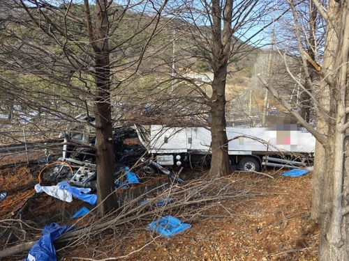 25일 전북 고창군 서해안고속도로에서 활어운반차량과 SUV 등 3중 충돌사고로 도로 밖으로 이탈한 활어 운반 차량. [전북특별자치도 소방본부 제공]