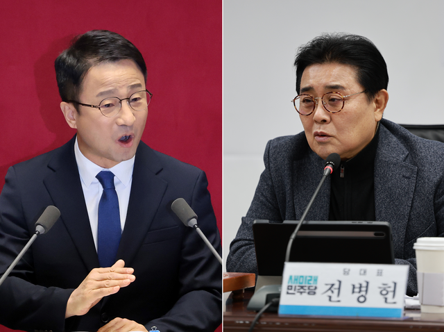 지난 2월 3일 국회 본회의 교섭단체 대표연설에 나선 한병도 더불어민주당 원내대표의 모습(왼쪽), 지난 1월 21일 여의도 새미래민주당 당사에서 최고위원회의를 주재하는 전병헌 새민주 당대표의 모습(오른쪽).<연합뉴스 사진·새미래민주당 제공 사진 갈무리>