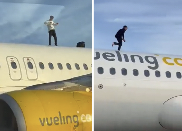 지난달 31일 스페인 발렌시아 마니세스 공항에서 모로코 국적의 남성 A씨(24)가 부엘링 항공의 에어버스 A320 여객기 위에 올라가 소란을 피우는 모습. X 갈무리