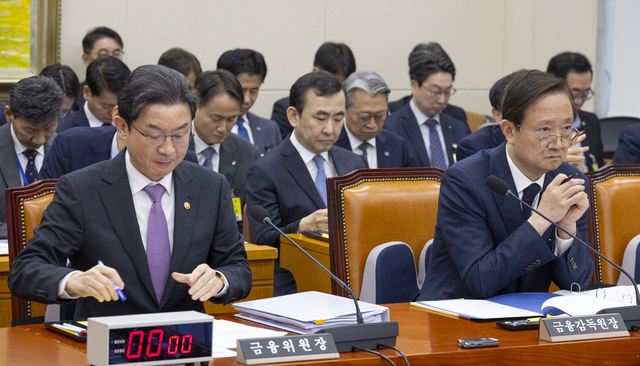 이억원(왼쪽) 금융위원회 위원장과 이찬진 금융감독원장이 5일 국회에서 열린 정무위원회 전체 회의에 출석해 여야 의원들의 의사 진행 발언을 지켜보고 있다. [연합뉴스]