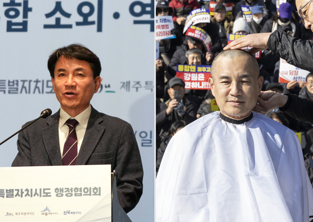 김진태 강원특별자치도지사가 지난 2월 8일 여의도 콘래드서울 호텔에서 대한민국특별자치시도 행정협의회 긴급 회동을 주재하며 국회와 정치권의  ‘3특·행정수도특별법’ 법안심사 지연에 항의할 당시 모습(왼쪽), 김진태 지사가 9일 국회 본청 앞 계단에서 열린 강원특자도설치법 ‘3차 개정안’ 통과 촉구를 위한 상경 도민 결의대회에서 삭발하고 있다.<강원도청 제공 사진·연합뉴스 사진 갈무리>