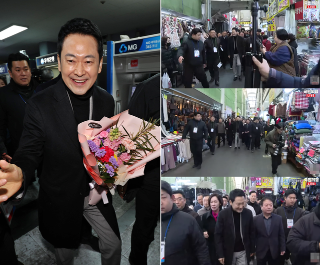 장동혁 국민의힘 당대표가 11일 대구 서문시장을 방문해 지지자들로부터 꽃다발을 받은 뒤 상인들과 인사를 하고 있다(왼쪽). 오른쪽은 상인회와의 간담회, 식사를 마친 뒤 장 대표가 시장 골목을 순회하는 모습.[연합뉴스 사진·유튜브 ‘국민의힘TV’ 영상 갈무리]