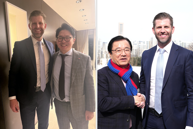 도널드 트럼프 미국 대통령의 차남인 에릭 트럼프 트럼프그룹 총괄부사장이 지난 2월 10일 서울 광진구 워커힐호텔에서 최성환 SK네트웍스 사업총괄사장을 만난 모습(왼쪽), 같은 날 경기 하남시의 이현재 하남시장을 만나 유니온타원 전망대에서 K-컬처 콤플렉스 호텔 사업 예정 부지를 살필 당시의 모습(오른쪽).[최성환 SK네트웍스 사업총괄사장 링크드인 사진·경기 하남시 제공 자료사진 갈무리]