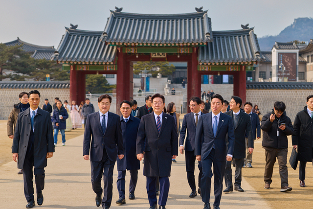 이재명 대통령이 12일 참모진과 경복궁 산책을 하고 있다. [청와대 제공]