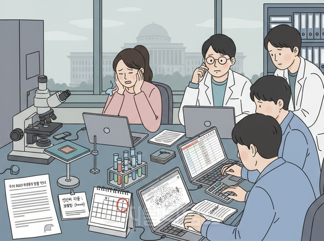 연구비 늑장 지급으로 고민에 빠진 일선 연구자들을 형상화한 이미지.[퍼플렉시티 AI 생성 이미지]