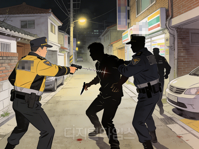 출동한 경찰관들이 흉기를 든 범죄자를 제압하는 모습.[퍼플렉시티 AI 생성 이미지]