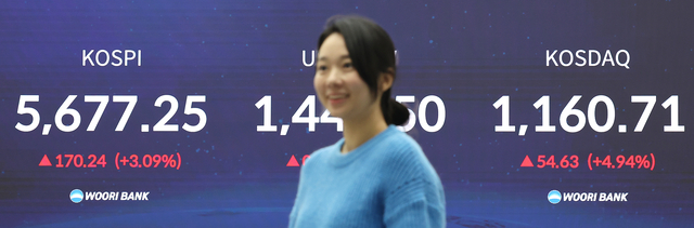 설 연휴 이후 코스피가 사상 처음으로 5600선을 넘어선 채 거래를 마친 19일 서울 중구 우리은행 딜링룸에서 딜러들이 업무를 보고 있다.  [연합뉴스]