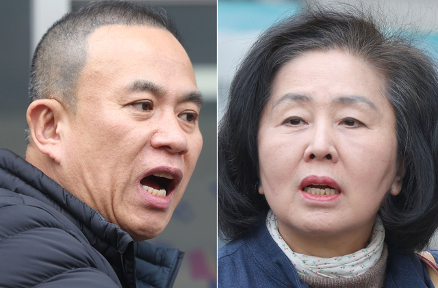 정치자금법 위반 혐의로 기소된 정치브로커 명태균씨(왼쪽)와 김영선(오른쪽) 전 국민의힘 의원이 지난 2월 5일 오후 경남 창원시 성산구 창원지법에서 열린 1심 재판에 출석하고 있다.[연합뉴스 사진]