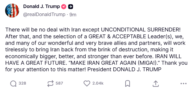 트럼프 “이란 다시 위대하게…‘무조건 항복’ 외 합의 없어”