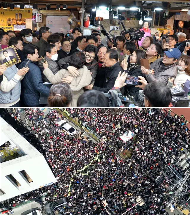 한동훈 전 국민의힘 당대표가 지난 3월 7일 부산 북구 구포시장을 방문한 가운데 시장 상인과 만나 인사하는 모습(위·빨간 원), 시장 앞 인파를 상대로 단상에 올라 발언하는 모습(아래·빨간 원).[한동훈 전 법무부 장관 페이스북 사진·유튜브 ‘한동훈’ 영상 갈무리]
