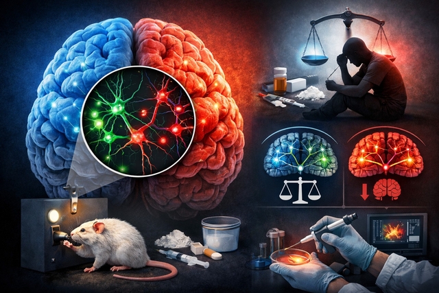 중독 재발이 전전두엽 기능 저하 때문이 아닌 특정 신경세포인 파발부민 세포 회로의 불균형에 의한 것이라는 연구결과를 AI로 그린 이미지. KAIST 제공.