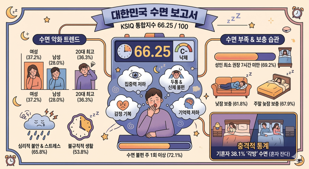 “각방 쓰는 부부 38%”…한국인 수면점수 66점 ‘낙제’