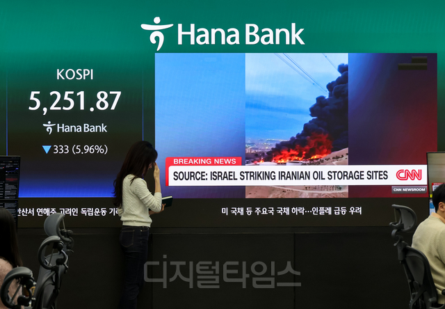 이란 사태로 국제유가가 폭등하고 코스피가 6%대 급락한 지난 9일 서울 중구 하나은행 본점 딜링룸에 증시 현황이 표시돼 있다.  [디지털타임스 DB]