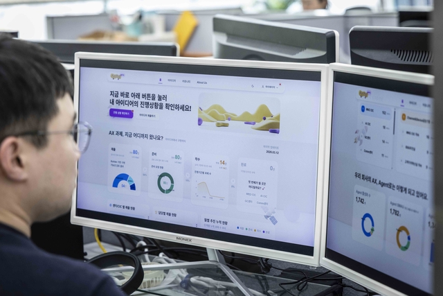 SKT 구성원이 전용 플랫폼 'AXMS'를 활용해 업무 현장에 적용할 AI 과제를 구체화하고 있다. SKT 제공
