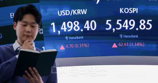 국제유가 급등 여파로 원·달러 환율이 장중 1500원을 넘긴 16일 서울 중구 하나은행 딜링룸에 증시 현황이 나오고 있다. 이날 코스피는 전장보다 62.61포인트 오른 5549.85에 장을 마쳤다. [사진 디지털타임스]
