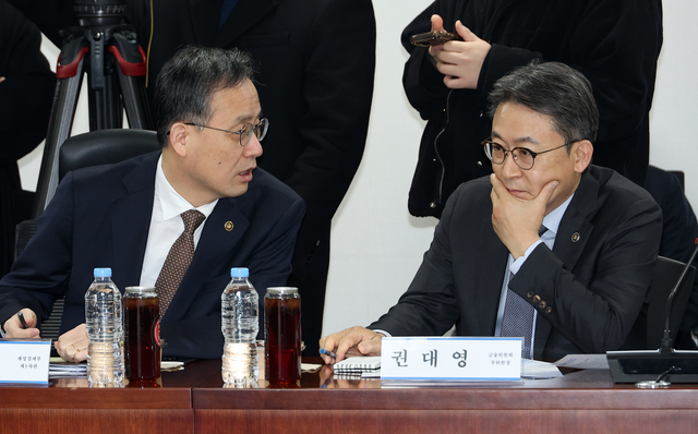 이형일(왼쪽) 재정경제부 1차관과 권대영 금융위원회 부위원장이 16일 국회 의원회관에서 열린 더불어민주당 중동사태 경제 대응 TF 2차 회의에서 얘기를 나누고 있다.   [연합뉴스]