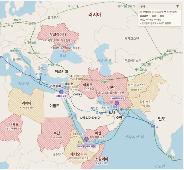 기존 해상물류경로와 중국 일대일로의 대안인 인도-중동-유럽 경제회랑(IMEC) [산업연 제공]