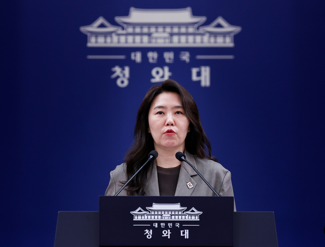 강유정 수석대변인이 13일 청와대 춘추관에서 이날 열린 한-폴란드 정상회담 관련 브리핑을 하고 있다. [연합뉴스]