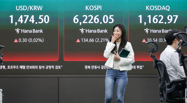 서울 중구 하나은행 딜링룸 현황판에 16일 코스피 지수 등이 표시되고 있다. 이날 코스피는 전 거래일 대비 134.66포인트 오른 6226.05, 코스닥은 10.54포인트 오른 1162.97로 마쳤다.
