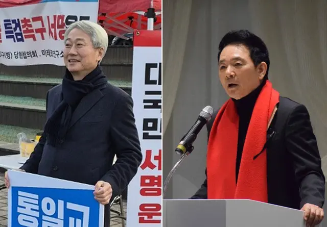 김근식 국민의힘 서울 송파병 당협위원장이 지난 2월 지역구에서 더불어민주당을 겨냥한 통일교 뇌물 특검 촉구 서명운동을 벌이는 모습(왼쪽), ‘DJ 최측근 출신’ 장성민 국민의힘 전 의원이 경기 안산갑 당협위원장 재임 기간 활동할 당시 모습(오른쪽). [김근식 경남대 정치외교학부 교수·장성민 전 국회의원 페이스북 사진 갈무리]