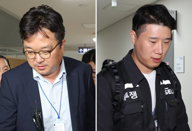 삼성전자 대표교섭위원인 김형로 부사장(왼쪽 사진)과 최승호 초기업노조 삼성전자지부 위원장(오른쪽 사진)이 13일 새벽 세종시 정부세종청사 중앙노동위원회에서 2026년 임금협약 체결을 위한 2차 사후조정이 결렬된 후 협상장을 각각 떠나고 있다. [연합뉴스]