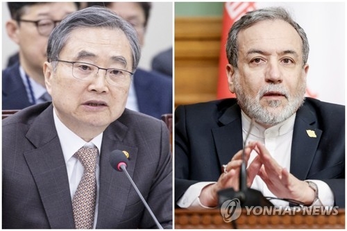 조현 외교부 장관(왼쪽)과 아바스 아라그치 이란 외무부 장관 [타스=연합뉴스·연합뉴스 자료사진]