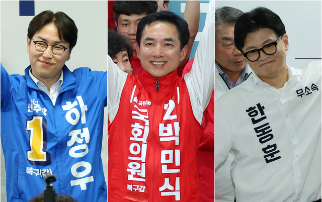 부산 북구 갑 보궐 선거에서 격돌을 벌일 3인의 후보가 10일 일제히 선거사무소 개소식을 열고 본격적인 레이스에 들어갔다. (왼쪽부터) 더불어민주당 하정우, 국민의힘 박민식, 무소속 한동훈 후보. [연합뉴스]
