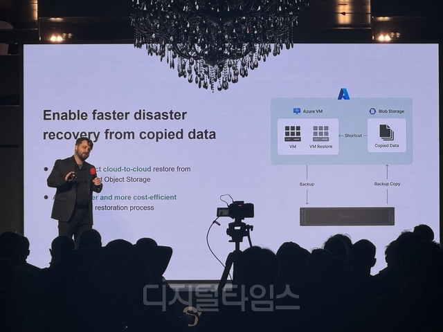 코디 홀 제품 매니저가 3일(현지시간) 대만 타이베이에서 열린 시놀로지 기자간담회에서 발표하고 있다.