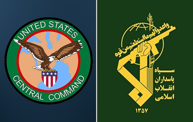 왼쪽부터 미 중부사령부(CENTCOM)와 이란 이슬람혁명수비대(IRGC) 로고.