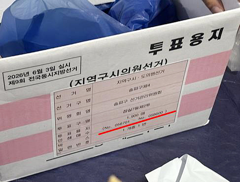 5일 투표함이 이송된 서울 송파구 잠실7동 제2투표소 내부에서 발견된 구 선거관리위원회가 이 투표소로 보낸 것으로 추정되는 투표용지 박스.   [연합뉴스]