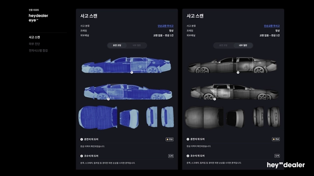 헤이딜러가 차량 수리 흔적을 이미지 형태로 보여주는 열화상 인공지능(AI) 진단 시스템 ‘헤이딜러 아이(eye)’가 제시한 히트맵. 헤이딜러 제공