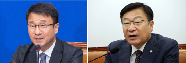 한병도 더불어민주당 원내대표가 15일 국회에서 열린 최고위원회의에서 발언하고 있다(왼쪽).  같은날 정점식 국민의힘 원내대표가 국회에서 열린 최고위원회의에서 발언하고 있다.  <연합뉴스>