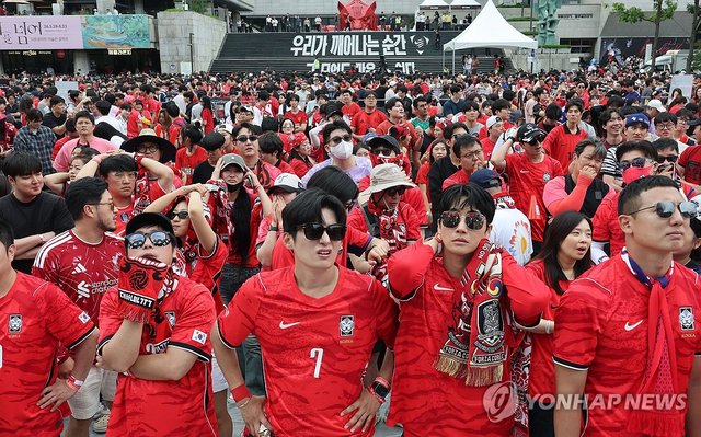 시민들이 2026 북중미 월드컵 조별리그 A조 3차전 대한민국과 남아프리카공화국의 경기가 열린 지난 25일 거리 응원을 하고 있다. [연합뉴스]

