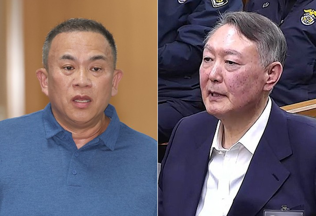 정치 브로커로 불려온 명태균씨(왼쪽)가 13일 서울중앙지법 선고 공판에 출석하는 모습, 윤석열 전 대통령이 지난 2025년 12월말 12·3 비상계엄 내란혐의 관련 사건 서울중앙지법 공판에 출석한 모습. [연합뉴스 사진 갈무리]