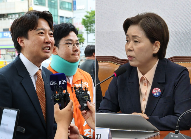 개혁신당 이준석 당대표와 ‘음료수 피습 테러’ 피해를 입었다는 정이한 전 부산시장 후보가 6·3 지방선거 기간이던 지난 4월 29일 부산 북구 구포시장을 방문한 가운데 취재진 질문에 답변하는 모습(왼쪽), 양향자 국민의힘 최고위원이 13일 국회에서 열린 국민의힘 최고위원회의에 참석해 발언하는 모습(오른쪽). [연합뉴스 사진·양향자 국민의힘 최고위원 페이스북 사진 갈무리]
