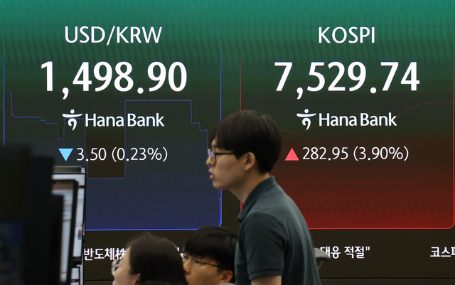 코스피가 이틀 연속 급락을 딛고 반등한 지난 9일 서울 중구 하나은행 본점 딜링룸 현황판에 코스피와 원·달러 환율이 표시되고 있다. [연합뉴스]