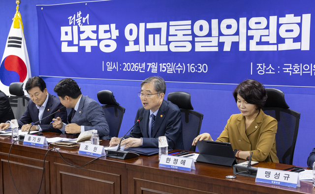 조현 외교부 장관이 15일 국회 의원회관에서 열린 더불어민주당 외교통일위원회 당정 협의에 참석해 인사말을 하고 있다. 연합뉴스