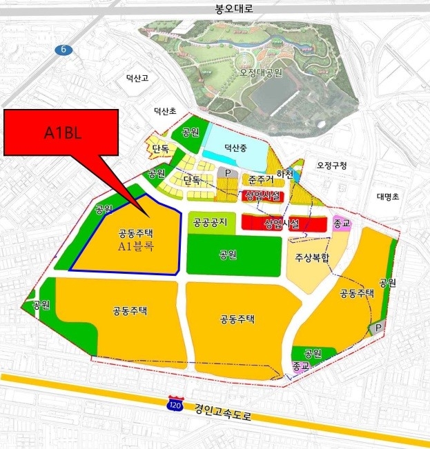 부천 오정 군부대 일원 A1블록 지도 이미지.