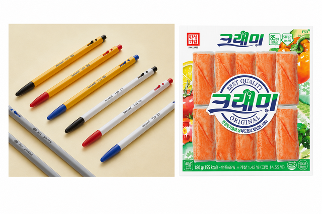 모나미 필기구 제품(왼쪽)과 한성기업 '크래미' 제품 사진. [모나미·한성기업 제공]
