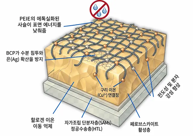 낚시 그물 구조 계면층을 이용한 수분 저항성 페로브스카이트 태양전지 개념도. 챗GPT로 그린 일러스트.
