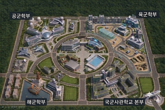 국방부는 지난 7월 16일 안규백 장관이 미래 안보환경 변화에 대응해 장교 양성체계를 혁신하기 위한 ‘국군사관학교 창설 기본계획’을 발표했다고 밝혔다. 사진은 국방부가 생성형 인공지능(AI)를 활용해 그린 국군사관학교 예상 조감도. [국방부 제공]