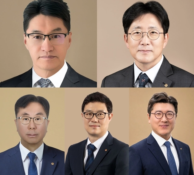 이부환(왼쪽 위부터 시계방향) 한화에어로스페이스 사업부문 대표이사 내정자, 양기원 한화시스템 대표이사 내정자, 임동준 한화자산운용 대표이사 내정자, 김기철 한화세미텍 대표이사 내정자, 강정훈 한화임팩트 사업부문 대표이사 내정자. 한화그룹 제공