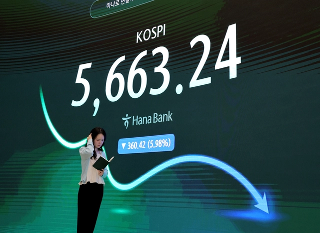 코스피가 전장보다 360.42p(5.98%) 내린 5,663.24로 마감한 지난 7월 29일 서울 중구 하나은행 딜링룸에 이날 지수가 표시되고 있다.  [연합뉴스]