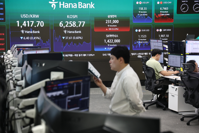 코스피가 전장보다 37.61포인트(0.60%) 내린 6258.77에 장을 마친 지난 7일 서울 하나은행 본점 딜링룸에서 딜러들이 업무를 보고 있다. [연합뉴스]