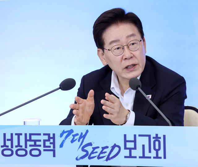 이재명 대통령이 12일 청와대에서 열린 미래성장동력 ‘7대 SEED’ 보고회에서 발언하고 있다. 연합뉴스