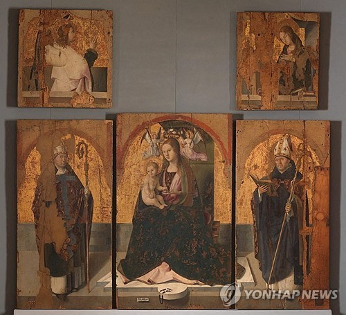 안토넬로 다 메시나의 ‘산 그레고리오 제단화’를 구성하는 5개 패널. 로이터=연합뉴스